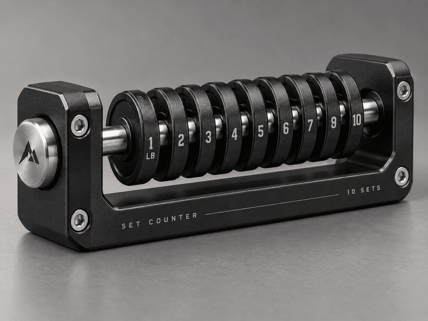 Concept rendering of the Athlete Abacus: a black machined frame holding a short steel bar with small numbered weight-plate-shaped markers.